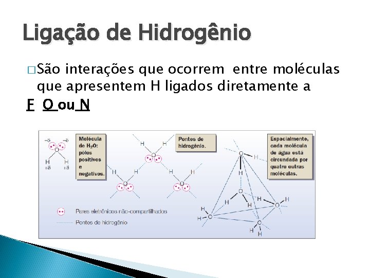 Ligação de Hidrogênio � São interações que ocorrem entre moléculas que apresentem H ligados