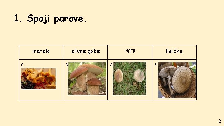 1. Spoji parove. marelo c slivne gobe d lisičke vrgoji b) a 2 