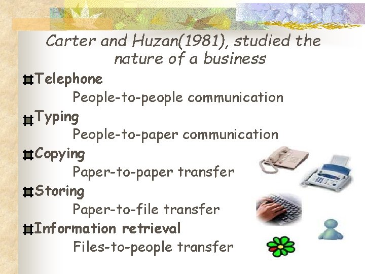 Carter and Huzan(1981), studied the nature of a business Telephone People-to-people communication Typing People-to-paper