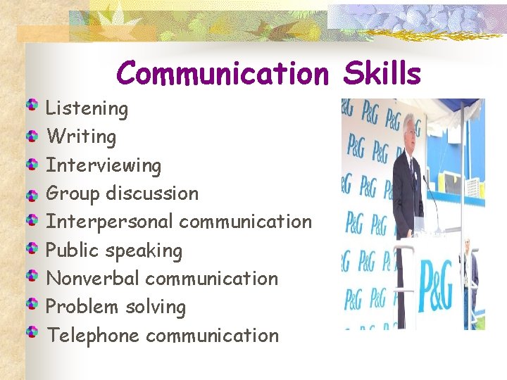 Communication Skills Listening Writing Interviewing Group discussion Interpersonal communication Public speaking Nonverbal communication Problem