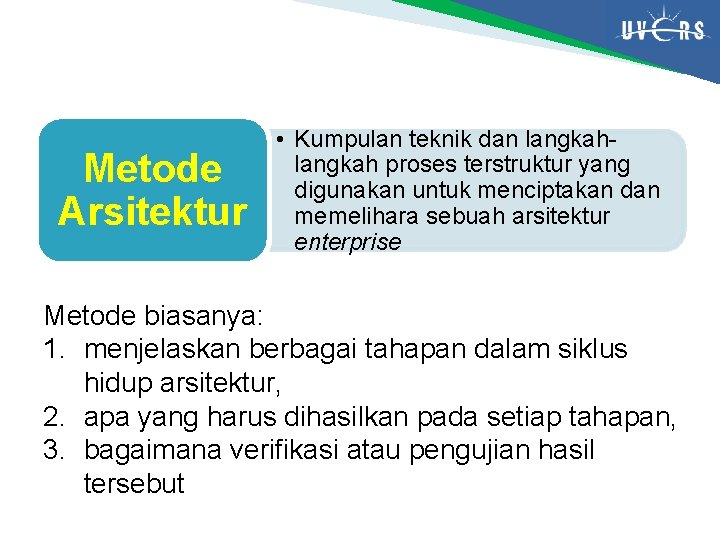 Metode Arsitektur • Kumpulan teknik dan langkah proses terstruktur yang digunakan untuk menciptakan dan