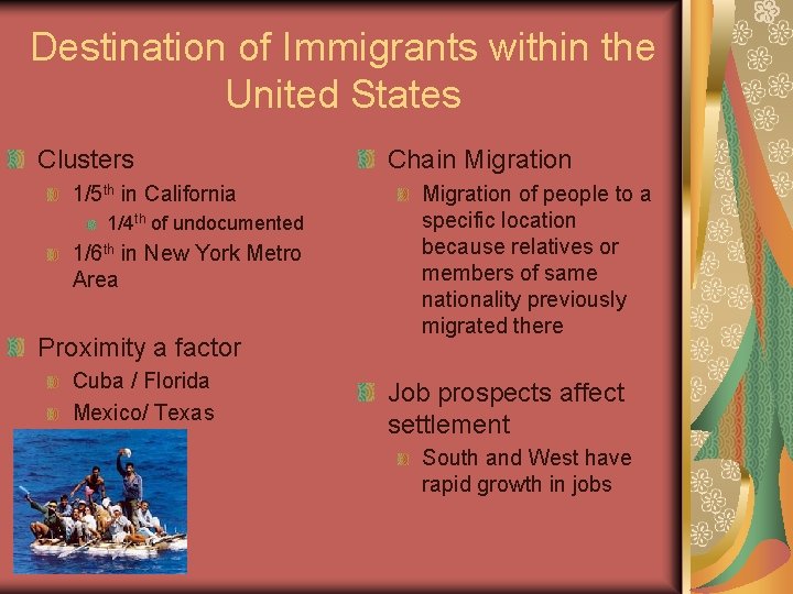 Destination of Immigrants within the United States Clusters 1/5 th in California 1/4 th Destination of Immigrants within the United States Clusters 1/5 th in California 1/4 th