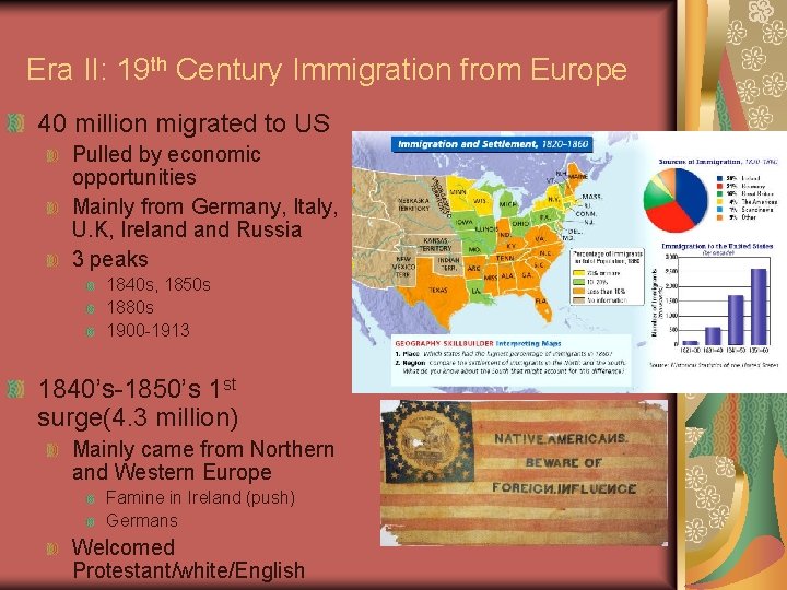 Era II: 19 th Century Immigration from Europe 40 million migrated to US Pulled Era II: 19 th Century Immigration from Europe 40 million migrated to US Pulled