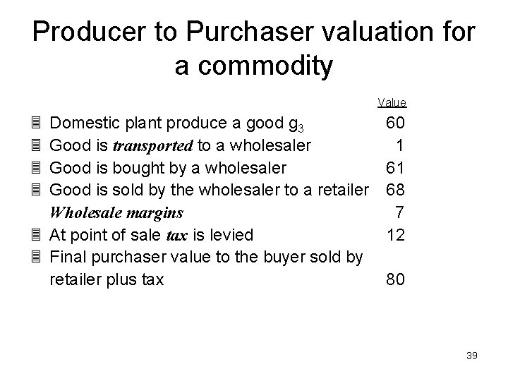 Producer to Purchaser valuation for a commodity 3 3 3 Value Domestic plant produce