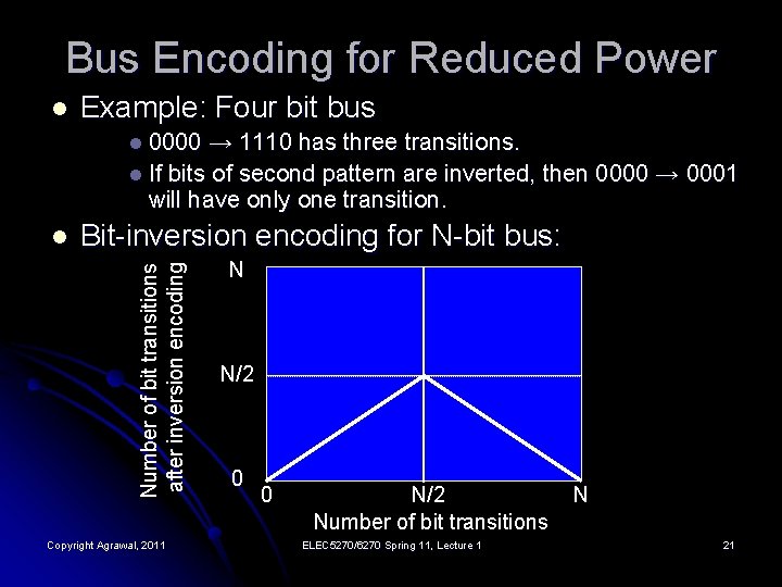 Bus Encoding for Reduced Power l Example: Four bit bus l 0000 → 1110