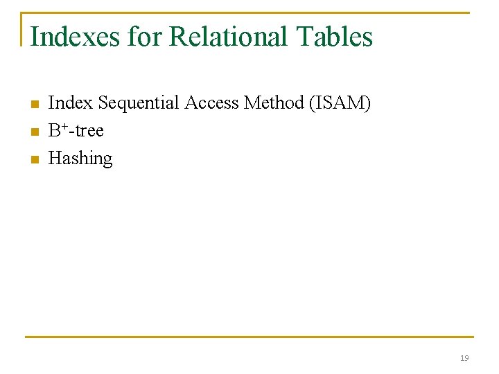 Indexes for Relational Tables n n n Index Sequential Access Method (ISAM) B+-tree Hashing