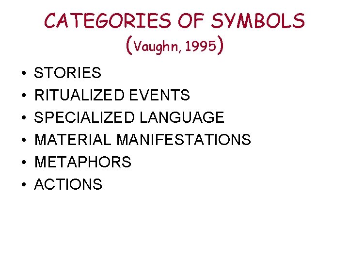 CATEGORIES OF SYMBOLS (Vaughn, 1995) • • • STORIES RITUALIZED EVENTS SPECIALIZED LANGUAGE MATERIAL