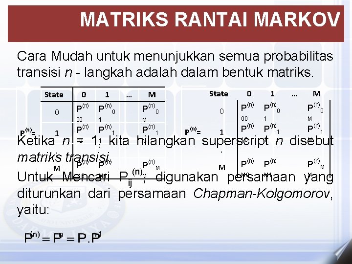 MATRIKS RANTAI MARKOV Cara Mudah untuk menunjukkan semua probabilitas transisi n - langkah adalah