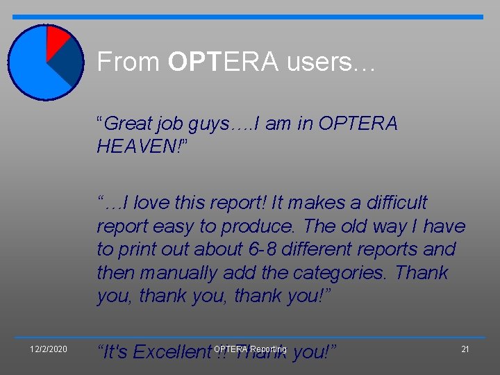 From OPTERA users… “Great job guys…. I am in OPTERA HEAVEN!” “…I love this