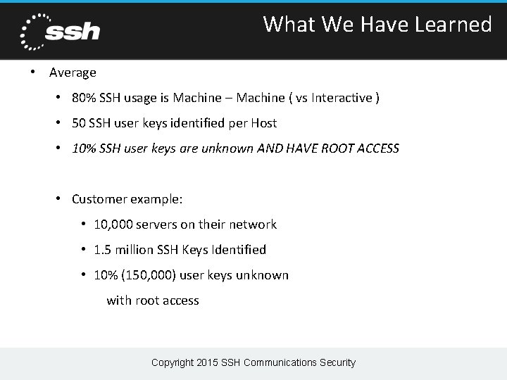 What We Have Learned • Average • 80% SSH usage is Machine – Machine What We Have Learned • Average • 80% SSH usage is Machine – Machine