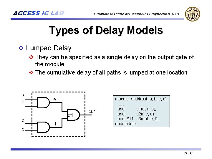 ACCESS IC LAB Graduate Institute of Electronics Engineering, NTU Types of Delay Models v