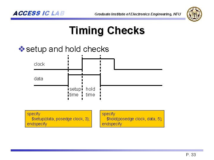 ACCESS IC LAB Graduate Institute of Electronics Engineering, NTU Timing Checks v setup and