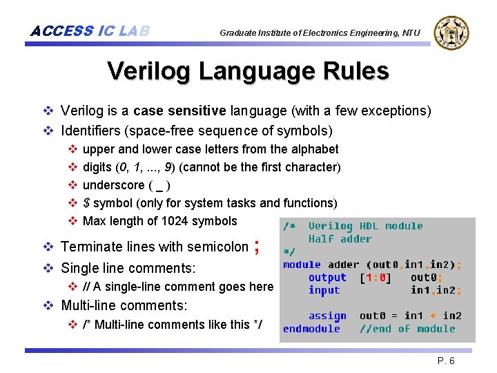 ACCESS IC LAB Graduate Institute of Electronics Engineering, NTU Verilog Language Rules v Verilog