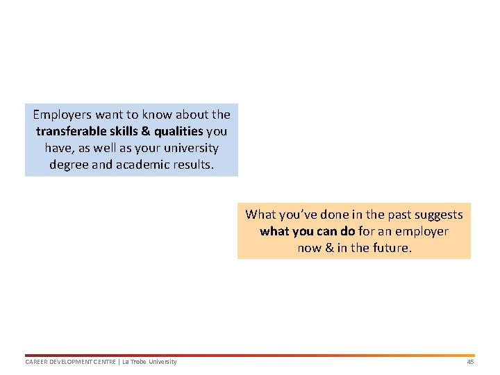 Employers want to know about the transferable skills & qualities you have, as well