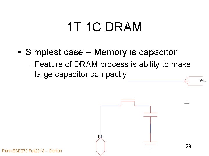 1 T 1 C DRAM • Simplest case – Memory is capacitor – Feature 1 T 1 C DRAM • Simplest case – Memory is capacitor – Feature