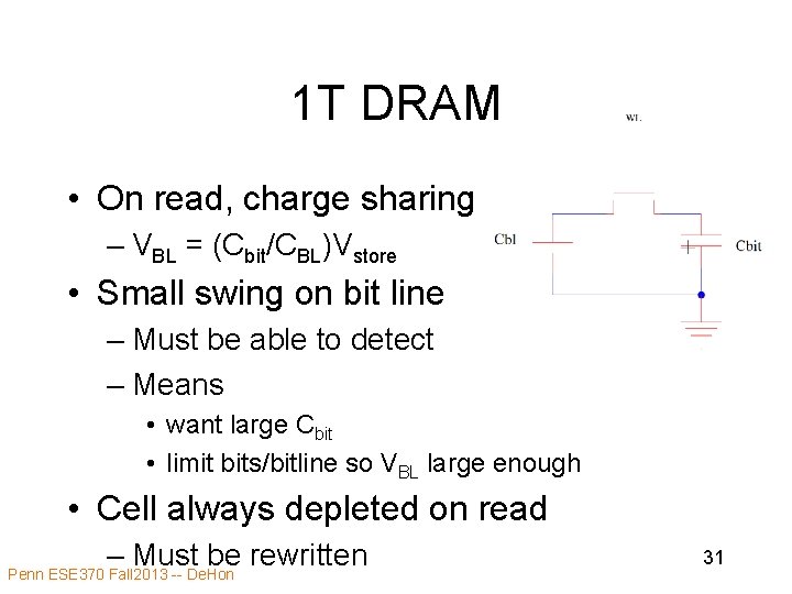 1 T DRAM • On read, charge sharing – VBL = (Cbit/CBL)Vstore • Small 1 T DRAM • On read, charge sharing – VBL = (Cbit/CBL)Vstore • Small