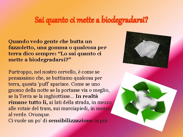 Sai quanto ci mette a biodegradarsi? Quando vedo gente che butta un fazzoletto, una