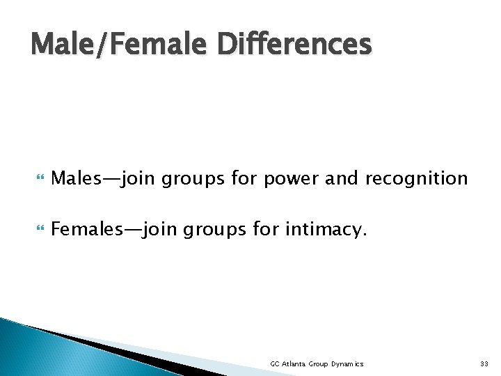 Male/Female Differences Males—join groups for power and recognition Females—join groups for intimacy. GC Atlanta