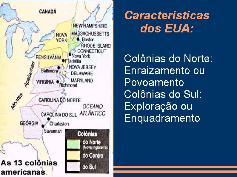 Características dos EUA: Colônias do Norte: Enraizamento ou Povoamento Colônias do Sul: Exploração ou Características dos EUA: Colônias do Norte: Enraizamento ou Povoamento Colônias do Sul: Exploração ou