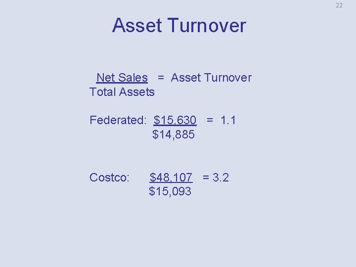 22 Asset Turnover Net Sales = Asset Turnover Total Assets Federated: $15, 630 =