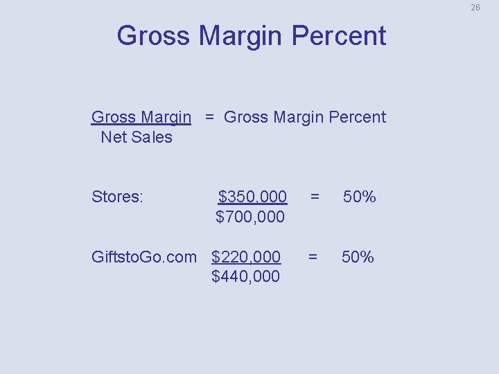 26 Gross Margin Percent Gross Margin = Gross Margin Percent Net Sales Stores: $350,