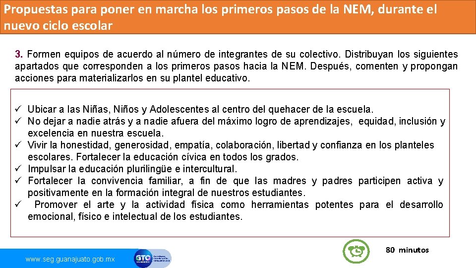 Propuestas para poner en marcha los primeros pasos de la NEM, durante el Actividades