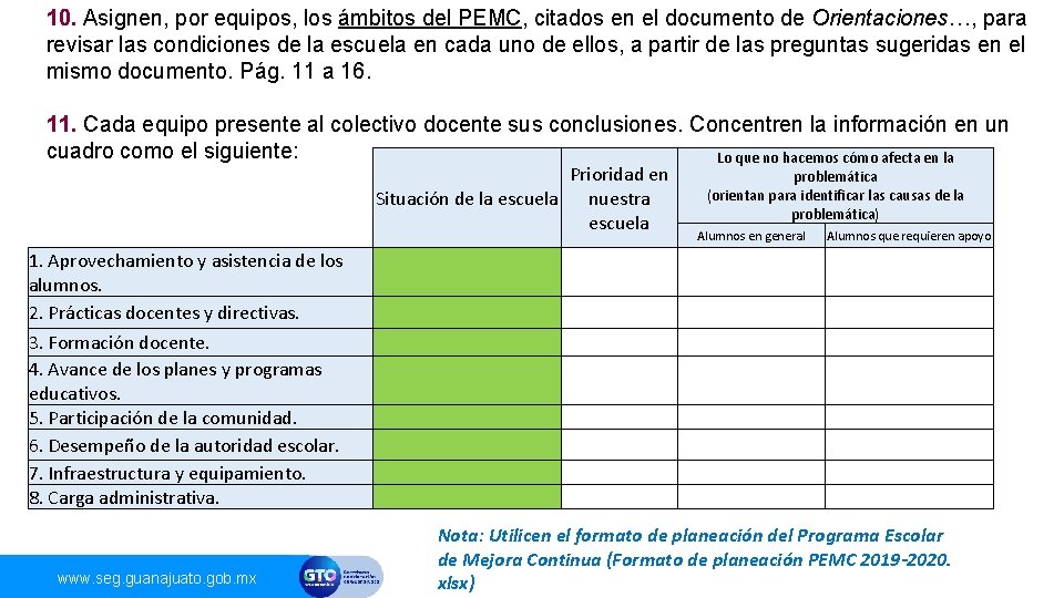 10. Asignen, por equipos, los ámbitos del PEMC, citados en el documento de Orientaciones…,