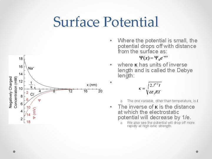 Surface Potential • Where the potential is small, the potential drops off with distance