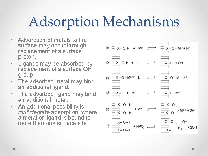 Adsorption Mechanisms • Adsorption of metals to the surface may occur through replacement of