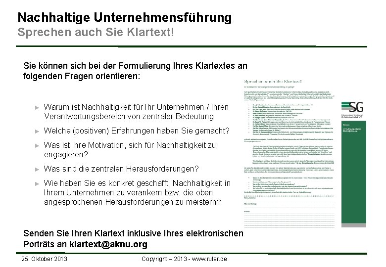 Nachhaltige Unternehmensführung Sprechen auch Sie Klartext! Sie können sich bei der Formulierung Ihres Klartextes