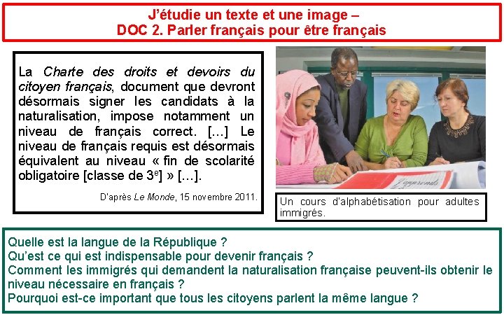  J’étudie un texte et une image – DOC 2. Parler français pour être