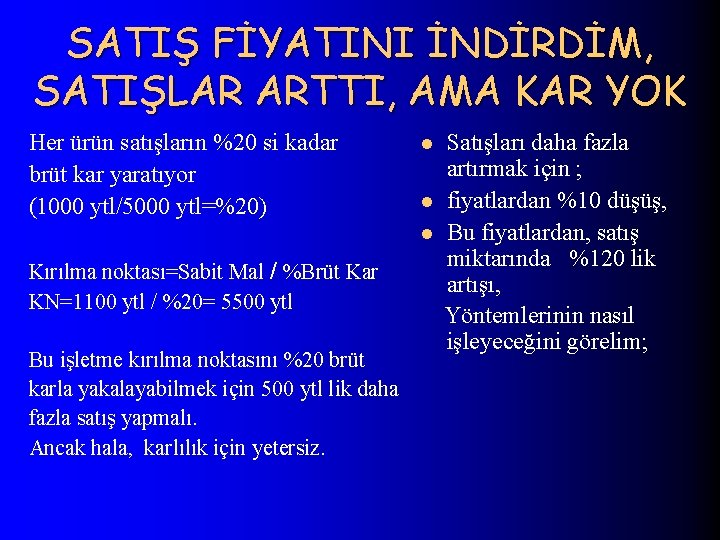 SATIŞ FİYATINI İNDİRDİM, SATIŞLAR ARTTI, AMA KAR YOK Her ürün satışların %20 si kadar