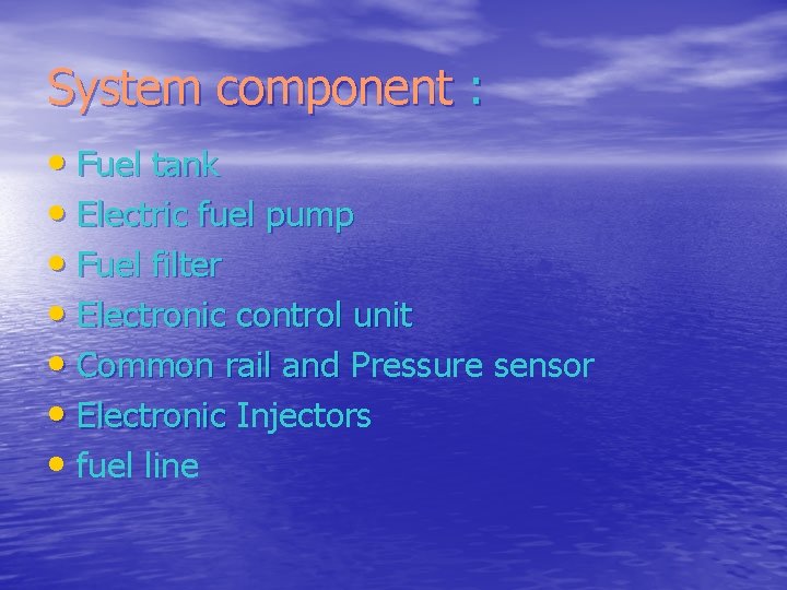 System component : • Fuel tank • Electric fuel pump • Fuel filter •