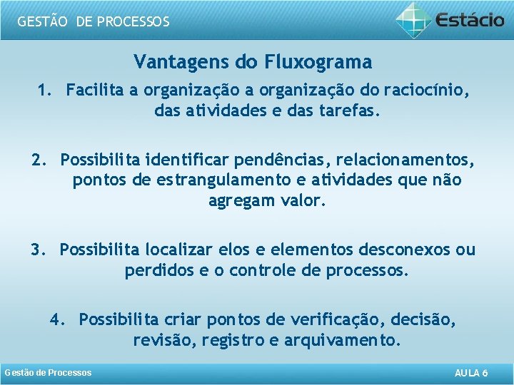 GESTÃO DE PROCESSOS Vantagens do Fluxograma 1. Facilita a organização do raciocínio, das atividades