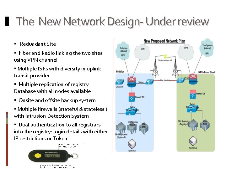 The New Network Design- Under review Redundant Site Fiber and Radio linking the two The New Network Design- Under review Redundant Site Fiber and Radio linking the two