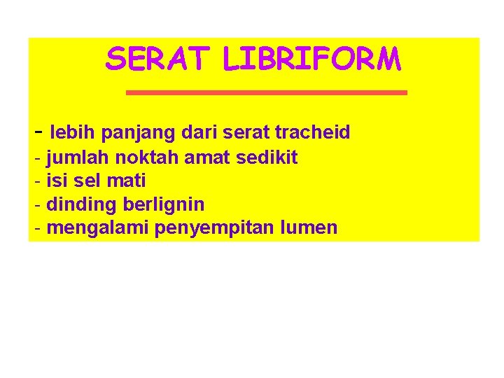 SERAT LIBRIFORM - lebih panjang dari serat tracheid - jumlah noktah amat sedikit -