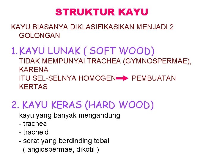 STRUKTUR KAYU BIASANYA DIKLASIFIKASIKAN MENJADI 2 GOLONGAN 1. KAYU LUNAK ( SOFT WOOD) TIDAK