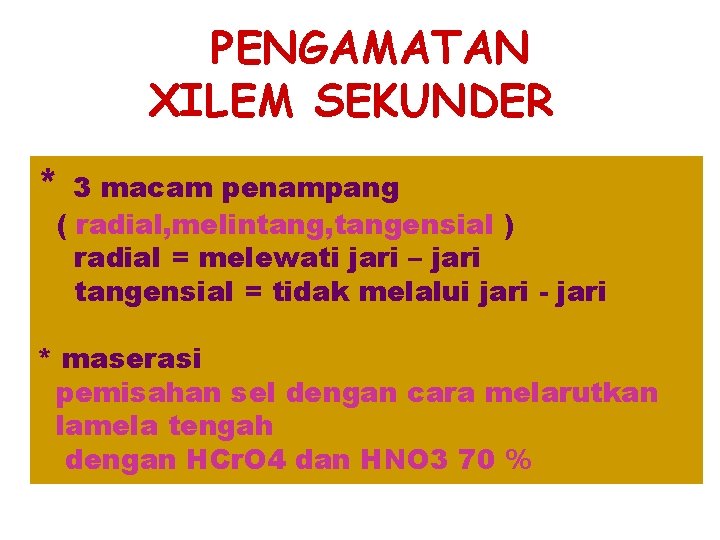 PENGAMATAN XILEM SEKUNDER * 3 macam penampang ( radial, melintang, tangensial ) radial =