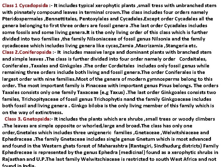 Class 1 Cycadopsida : - It includes typical xerophytic plants , small tress with Class 1 Cycadopsida : - It includes typical xerophytic plants , small tress with