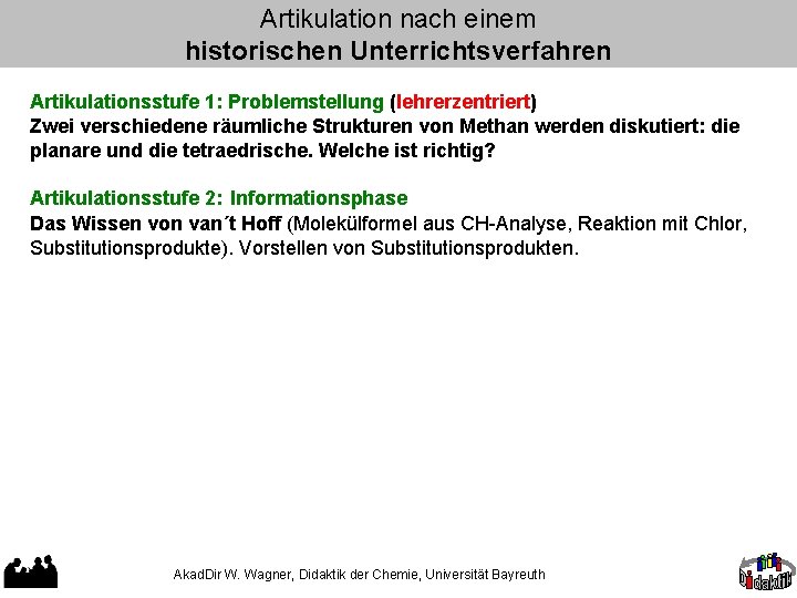 Artikulation nach einem historischen Unterrichtsverfahren Artikulationsstufe 1: Problemstellung (lehrerzentriert) Zwei verschiedene räumliche Strukturen von Artikulation nach einem historischen Unterrichtsverfahren Artikulationsstufe 1: Problemstellung (lehrerzentriert) Zwei verschiedene räumliche Strukturen von