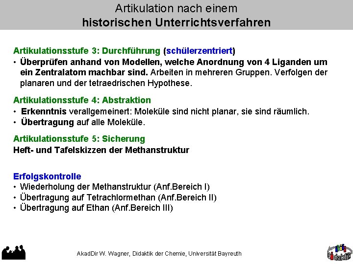 Artikulation nach einem historischen Unterrichtsverfahren Artikulationsstufe 3: Durchführung (schülerzentriert) • Überprüfen anhand von Modellen,