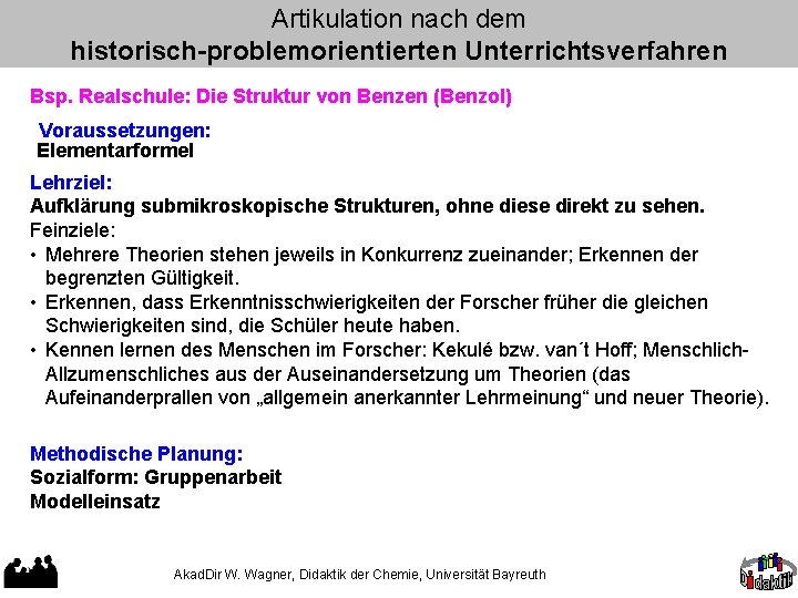 Artikulation nach dem historisch-problemorientierten Unterrichtsverfahren Bsp. Realschule: Die Struktur von Benzen (Benzol) Voraussetzungen: Elementarformel