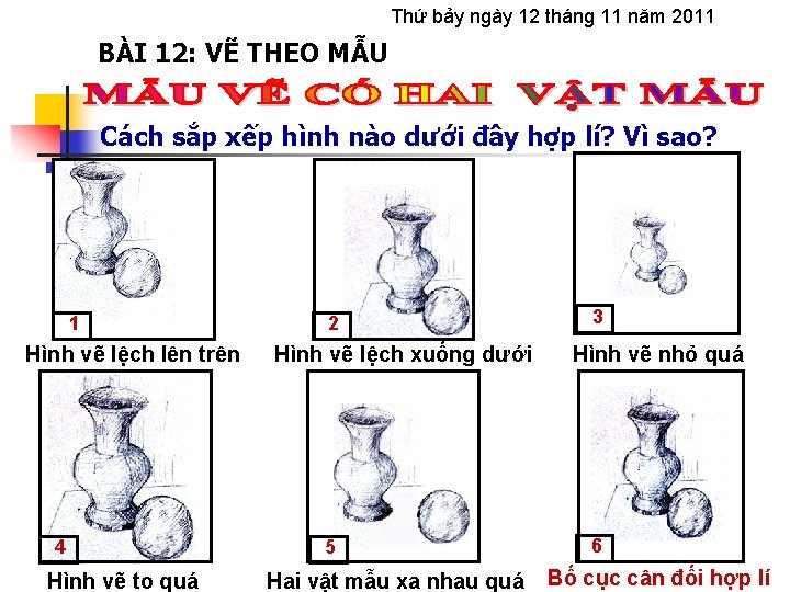 Thứ bảy ngày 12 tháng 11 năm 2011 BÀI 12: VẼ THEO MẪU Cách