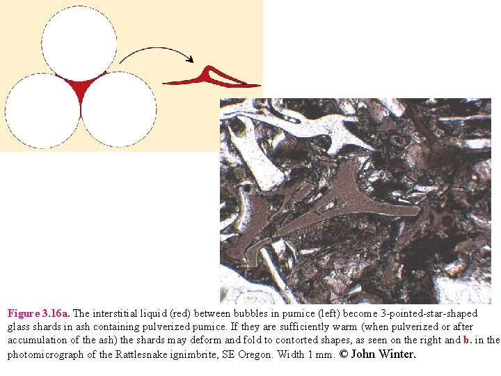 Figure 3. 16 a. The interstitial liquid (red) between bubbles in pumice (left) become