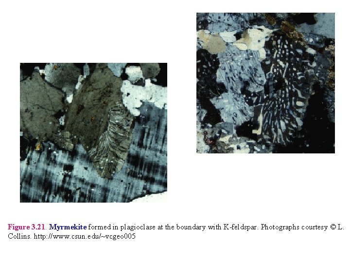 Figure 3. 21. Myrmekite formed in plagioclase at the boundary with K-feldspar. Photographs courtesy