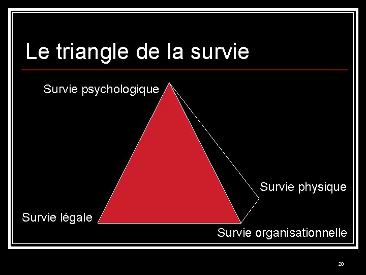 Le triangle de la survie Survie psychologique Survie physique Survie légale Survie organisationnelle 20