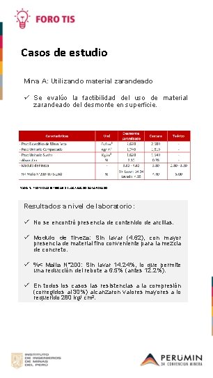 Casos de estudio Mina A: Utilizando material zarandeado ü Se evalúo la factibilidad del