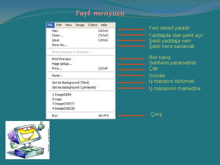 Fayl menyusu Yeni sənəd yaradır Yaddaşda olan şəkili açır Şəkili yaddaşa verir Şəkili necə Fayl menyusu Yeni sənəd yaradır Yaddaşda olan şəkili açır Şəkili yaddaşa verir Şəkili necə