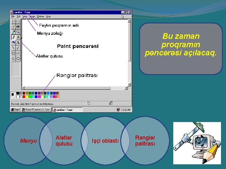 Bu zaman proqramın pəncərəsi açılacaq. Menyu Alətlər qutusu Işçi oblastı Rənglər palitrası Bu zaman proqramın pəncərəsi açılacaq. Menyu Alətlər qutusu Işçi oblastı Rənglər palitrası
