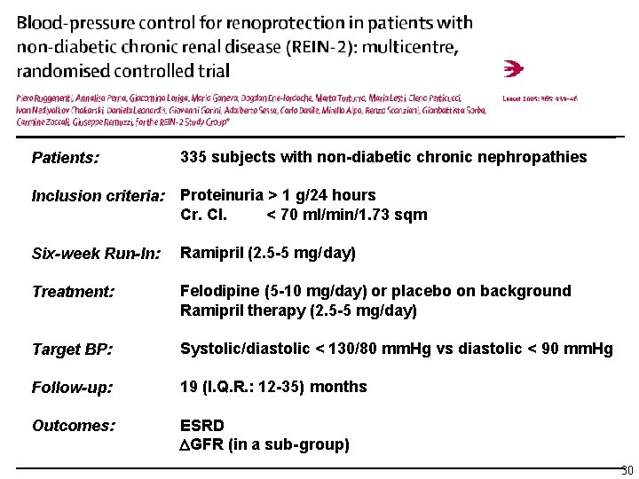 Patients: 335 subjects with non-diabetic chronic nephropathies Inclusion criteria: Proteinuria > 1 g/24 hours
